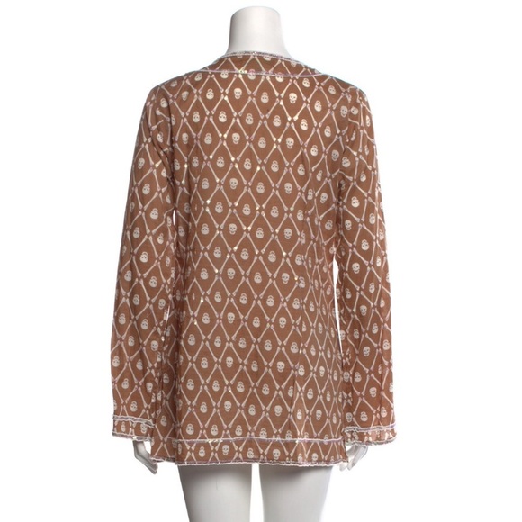 LeTarte Longsleeve Keyhole BOHO Skull Swim Coverup Brown White Patterned Tunic S - Picture 4 of 9